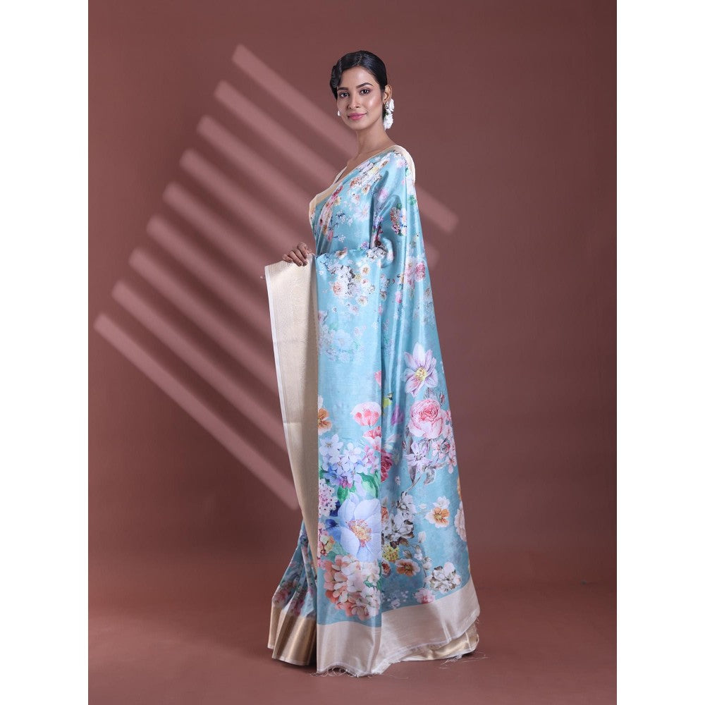 CHARUKRITI Sky Blue Floral Print Silk Soft Saree with Unstitched Blouse