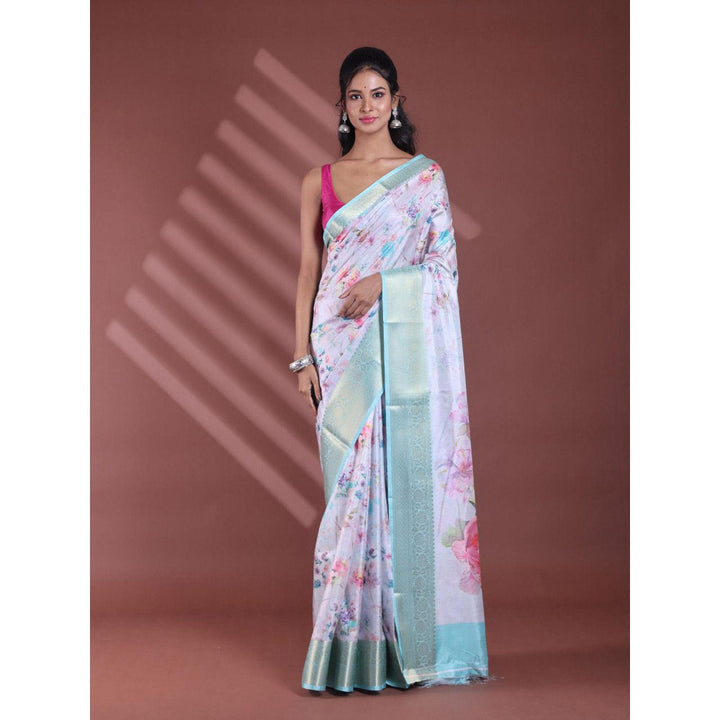 CHARUKRITI Steel Grey Floral Print Silk Soft Saree with Unstitched Blouse