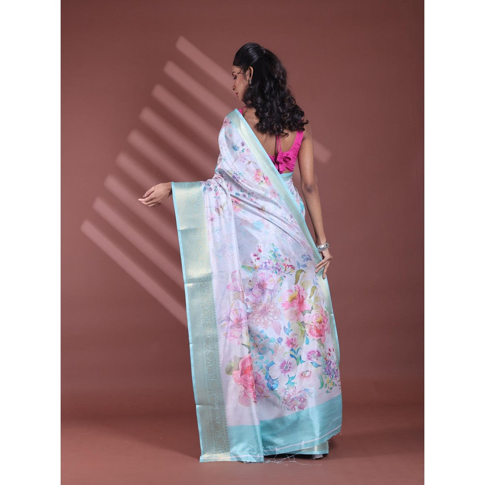 CHARUKRITI Steel Grey Floral Print Silk Soft Saree with Unstitched Blouse