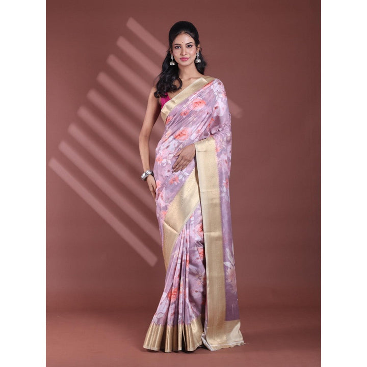 CHARUKRITI Nude Pink Floral Print Silk Soft Saree with Unstitched Blouse