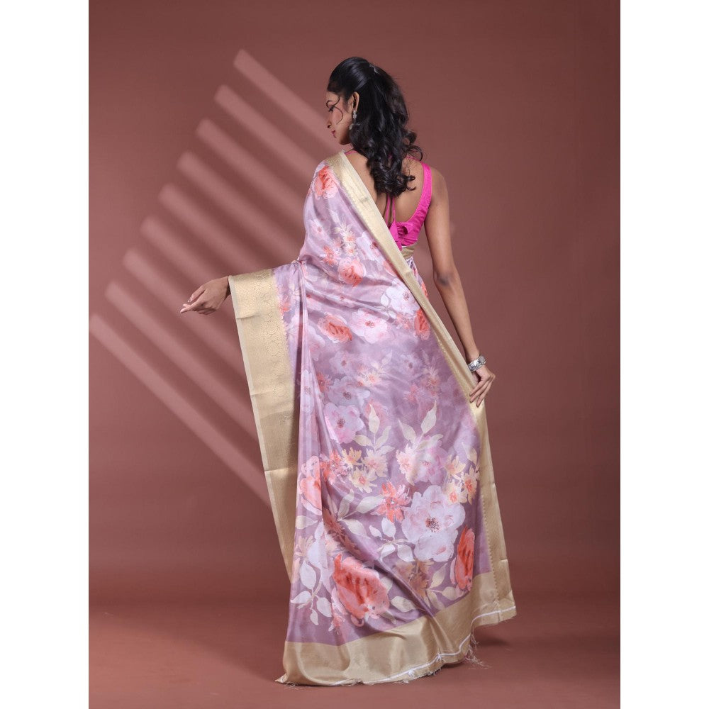 CHARUKRITI Nude Pink Floral Print Silk Soft Saree with Unstitched Blouse