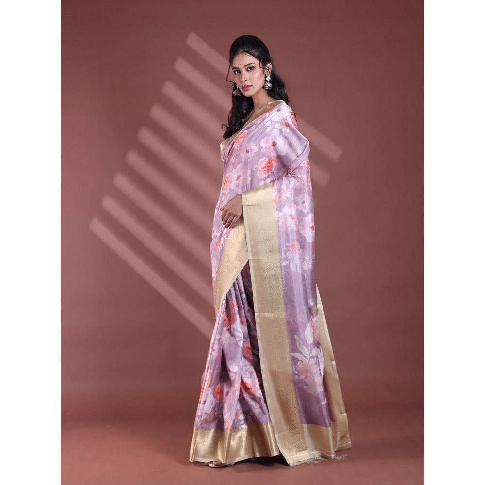 CHARUKRITI Nude Pink Floral Print Silk Soft Saree with Unstitched Blouse