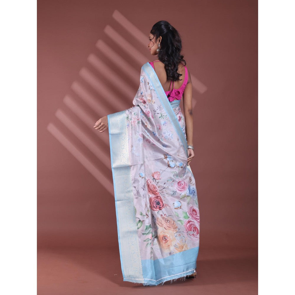 CHARUKRITI Light Beige Floral Print Silk Soft Saree with Unstitched Blouse