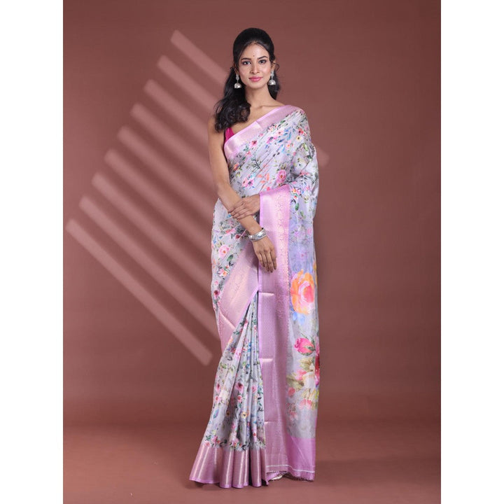 CHARUKRITI Ecru Floral Print Silk Soft Saree with Unstitched Blouse