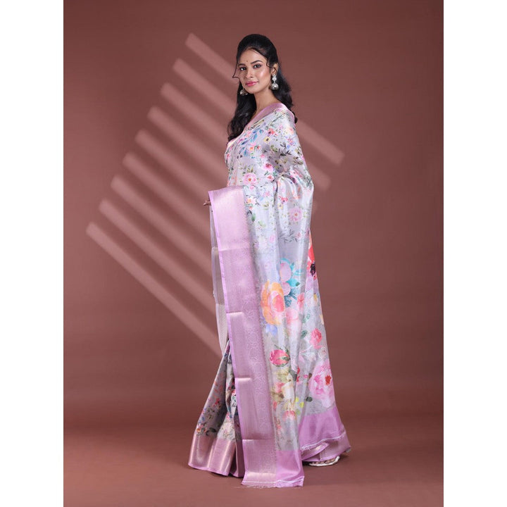 CHARUKRITI Ecru Floral Print Silk Soft Saree with Unstitched Blouse