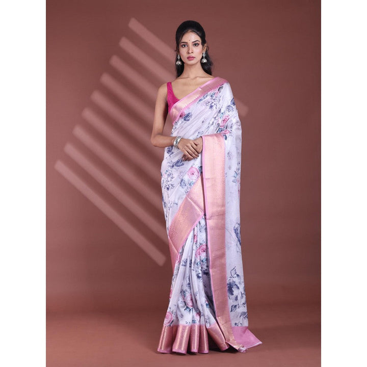 CHARUKRITI Light Lavender Floral Print Silk Soft Saree with Unstitched Blouse