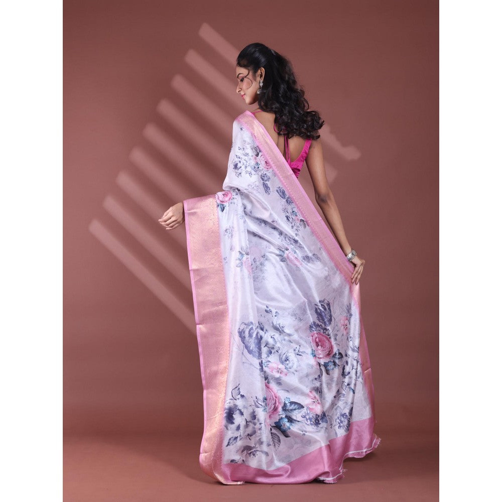 CHARUKRITI Light Lavender Floral Print Silk Soft Saree with Unstitched Blouse