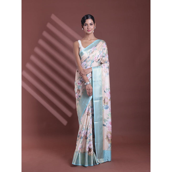 CHARUKRITI Cream Floral Print Silk Soft Saree with Unstitched Blouse