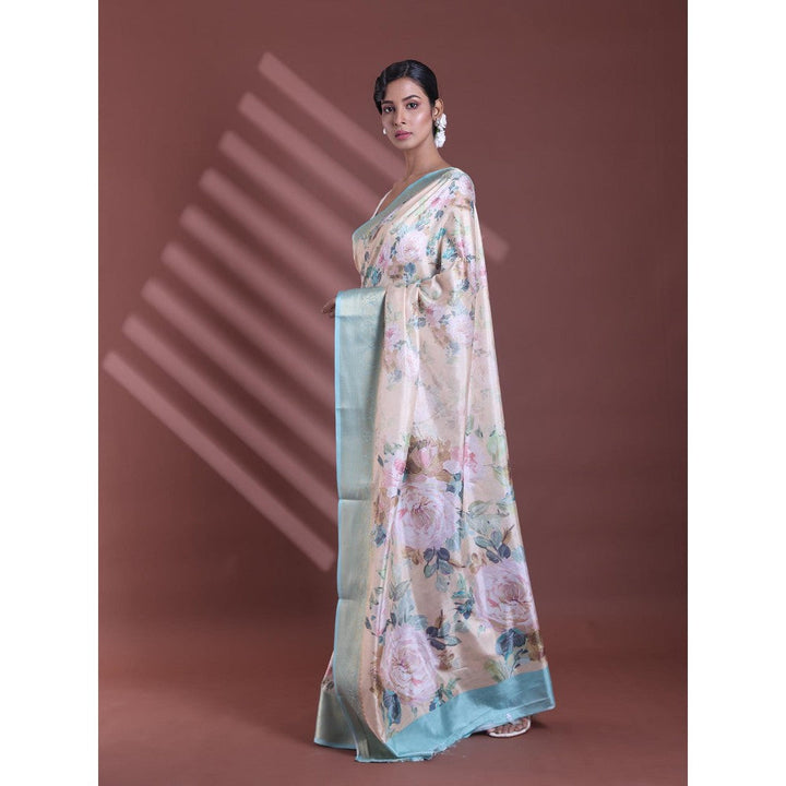 CHARUKRITI Cream Floral Print Silk Soft Saree with Unstitched Blouse