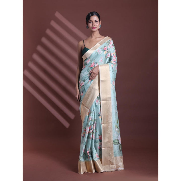 CHARUKRITI Mint Green Floral Print Silk Soft Saree with Unstitched Blouse