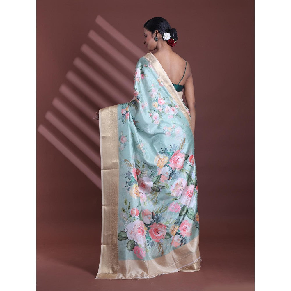 CHARUKRITI Mint Green Floral Print Silk Soft Saree with Unstitched Blouse