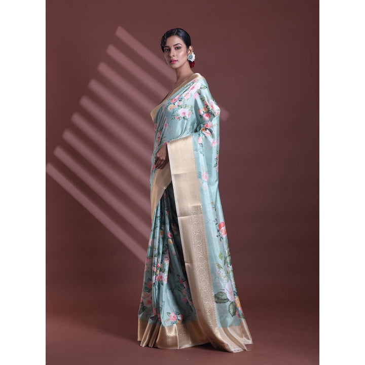 CHARUKRITI Mint Green Floral Print Silk Soft Saree with Unstitched Blouse