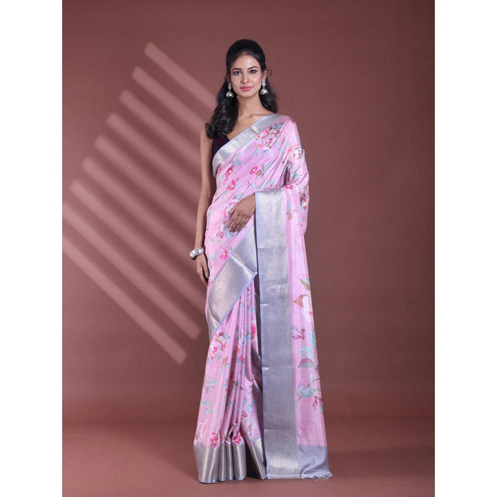 CHARUKRITI Pink Floral Print Silk Soft Saree with Unstitched Blouse