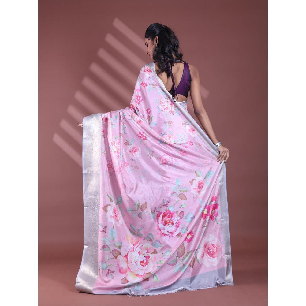 CHARUKRITI Pink Floral Print Silk Soft Saree with Unstitched Blouse