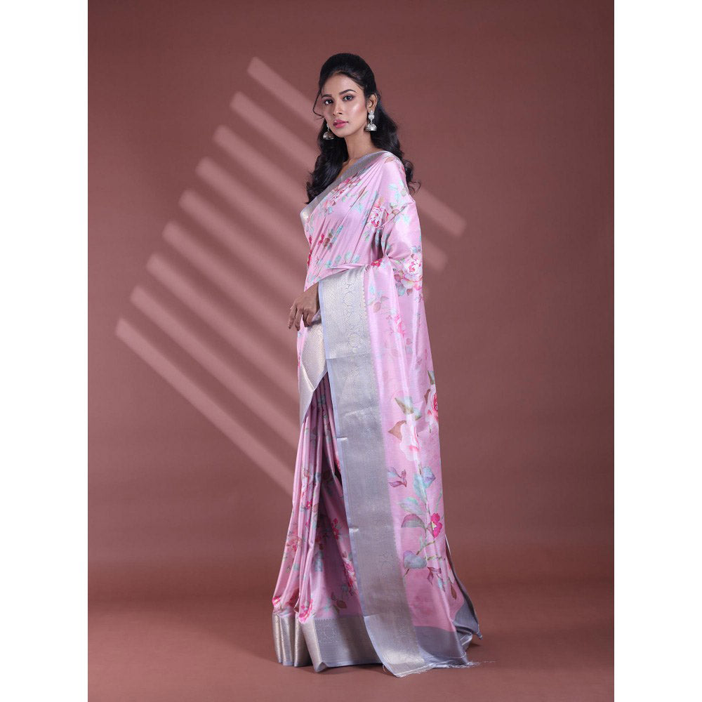 CHARUKRITI Pink Floral Print Silk Soft Saree with Unstitched Blouse