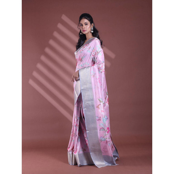 CHARUKRITI Pink Floral Print Silk Soft Saree with Unstitched Blouse