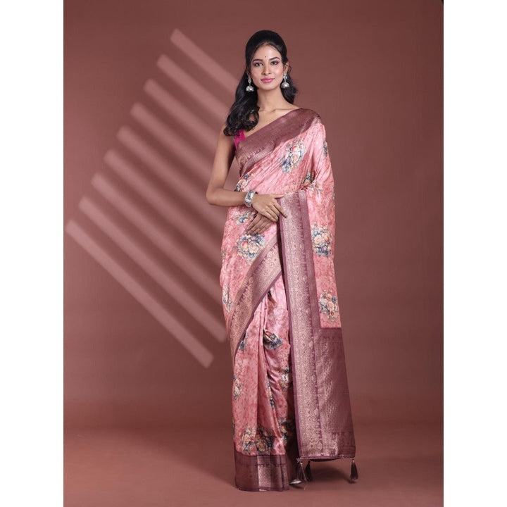 CHARUKRITI Peach Floral Print Silk Soft Saree with Unstitched Blouse