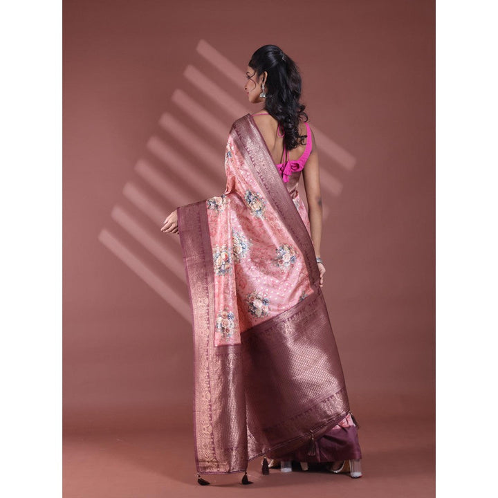 CHARUKRITI Peach Floral Print Silk Soft Saree with Unstitched Blouse