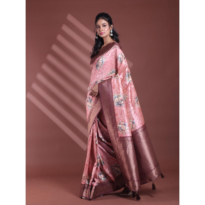 CHARUKRITI Peach Floral Print Silk Soft Saree with Unstitched Blouse