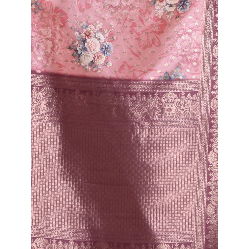 CHARUKRITI Peach Floral Print Silk Soft Saree with Unstitched Blouse