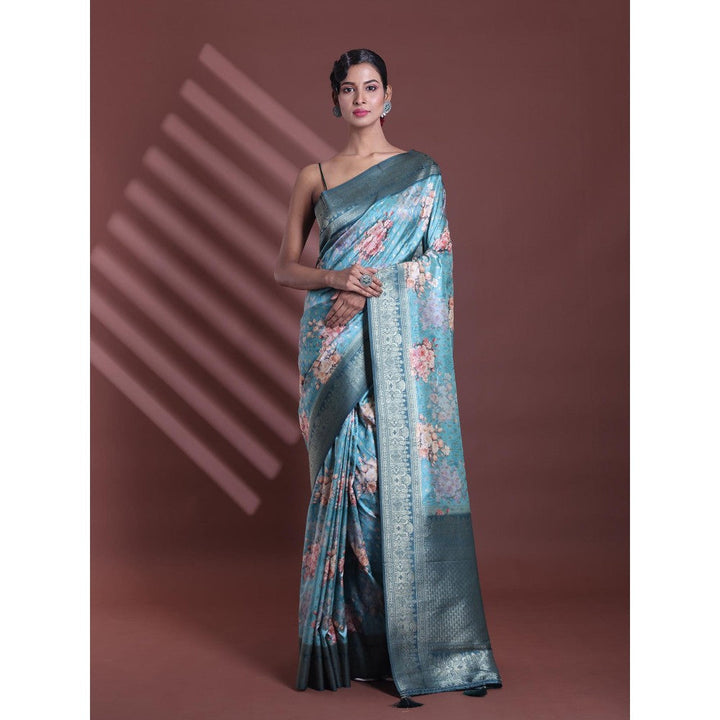 CHARUKRITI Teal Blue Floral Print Silk Soft Saree with Unstitched Blouse