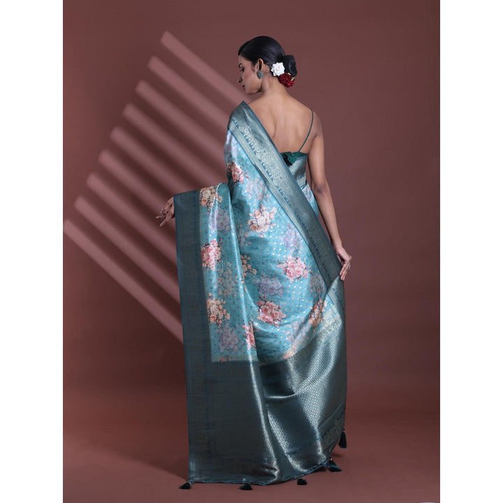 CHARUKRITI Teal Blue Floral Print Silk Soft Saree with Unstitched Blouse