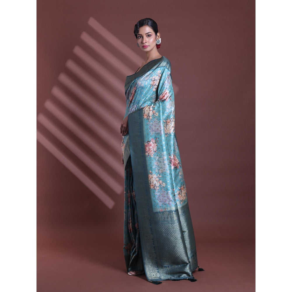 CHARUKRITI Teal Blue Floral Print Silk Soft Saree with Unstitched Blouse