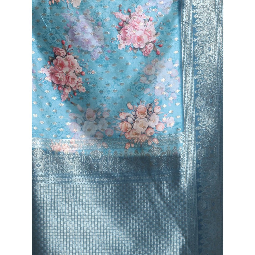 CHARUKRITI Teal Blue Floral Print Silk Soft Saree with Unstitched Blouse