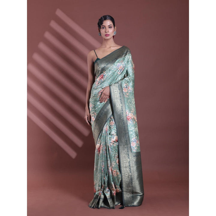 CHARUKRITI Pistachio Green Floral Print Silk Soft Saree with Unstitched Blouse