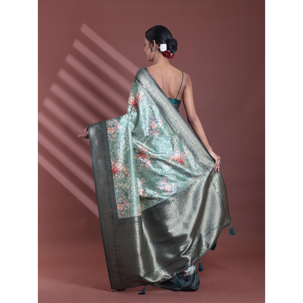 CHARUKRITI Pistachio Green Floral Print Silk Soft Saree with Unstitched Blouse