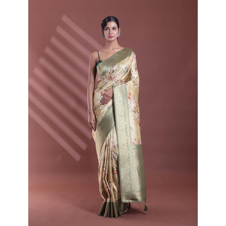 CHARUKRITI Yellow Floral Print Silk Soft Saree with Unstitched Blouse