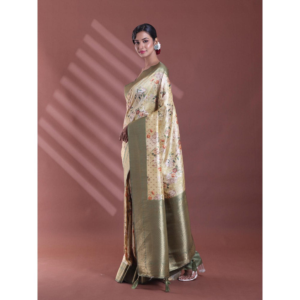 CHARUKRITI Yellow Floral Print Silk Soft Saree with Unstitched Blouse