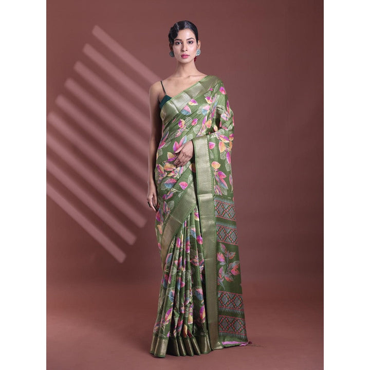 CHARUKRITI Green Foliage Print Silk Soft Saree with Unstitched Blouse