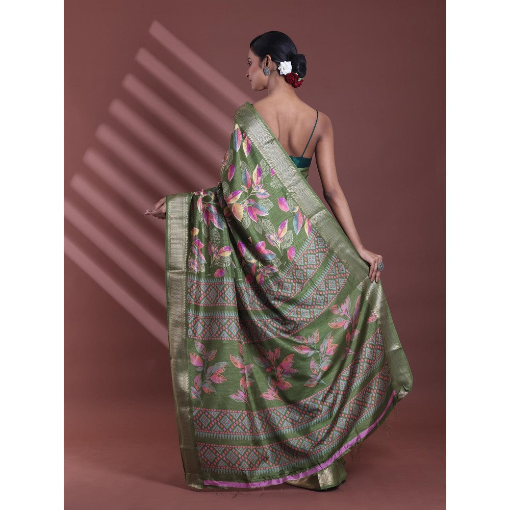 CHARUKRITI Green Foliage Print Silk Soft Saree with Unstitched Blouse