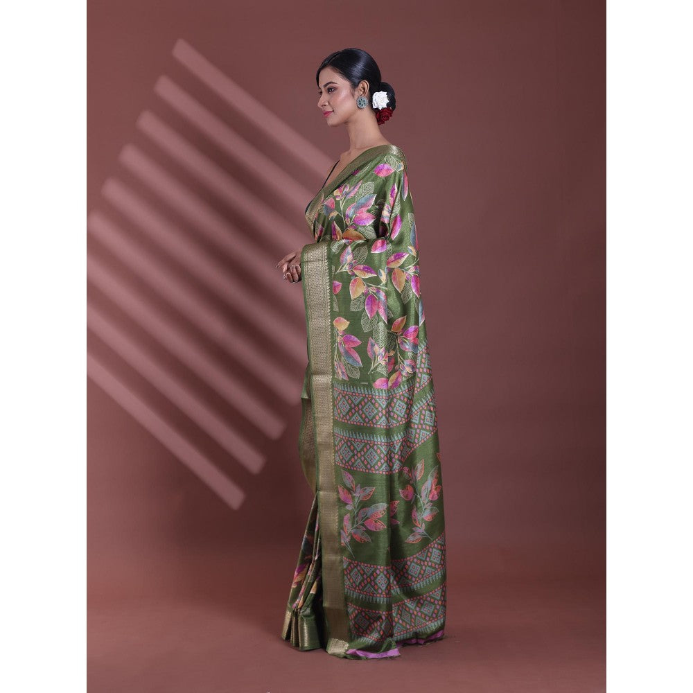 CHARUKRITI Green Foliage Print Silk Soft Saree with Unstitched Blouse