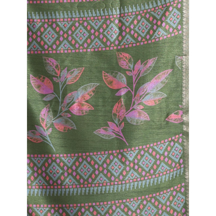 CHARUKRITI Green Foliage Print Silk Soft Saree with Unstitched Blouse