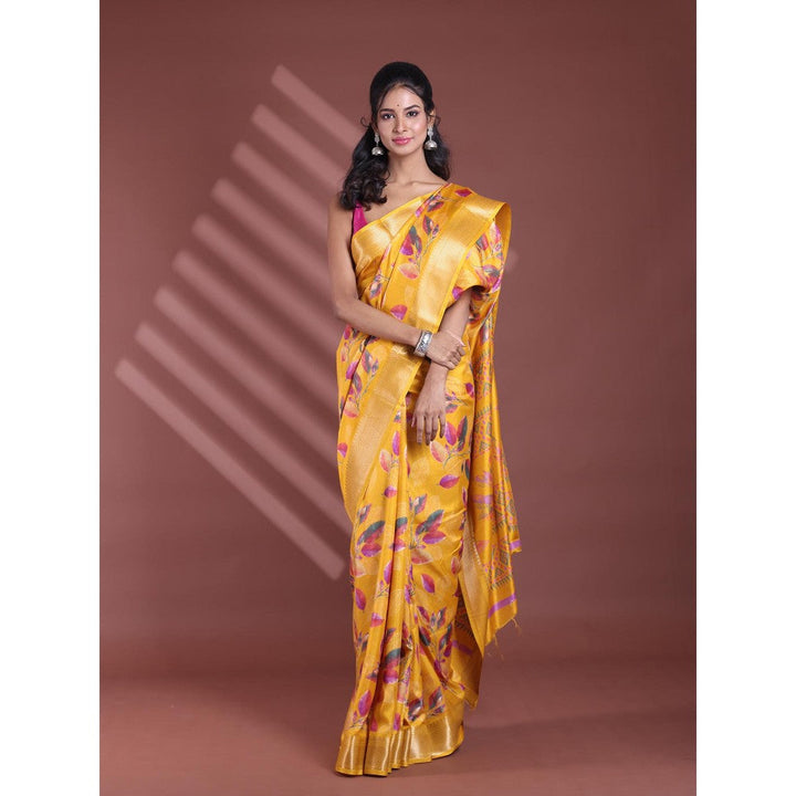 CHARUKRITI Yellow Foliage Print Silk Soft Saree with Unstitched Blouse