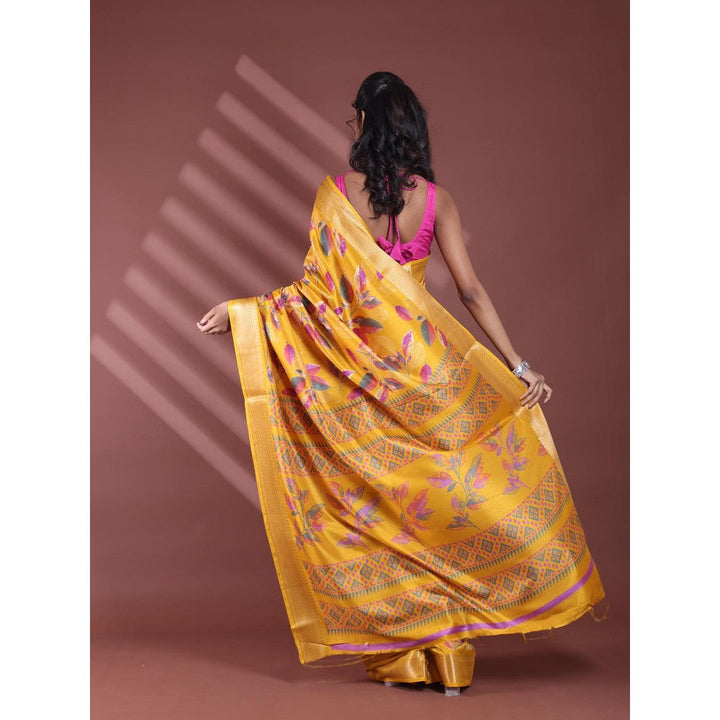 CHARUKRITI Yellow Foliage Print Silk Soft Saree with Unstitched Blouse