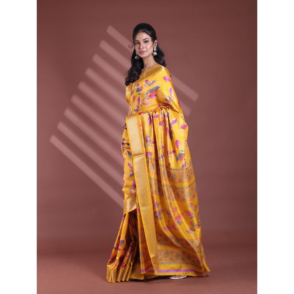 CHARUKRITI Yellow Foliage Print Silk Soft Saree with Unstitched Blouse