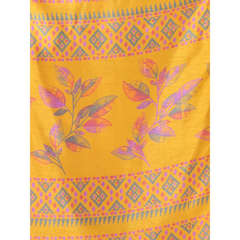 CHARUKRITI Yellow Foliage Print Silk Soft Saree with Unstitched Blouse