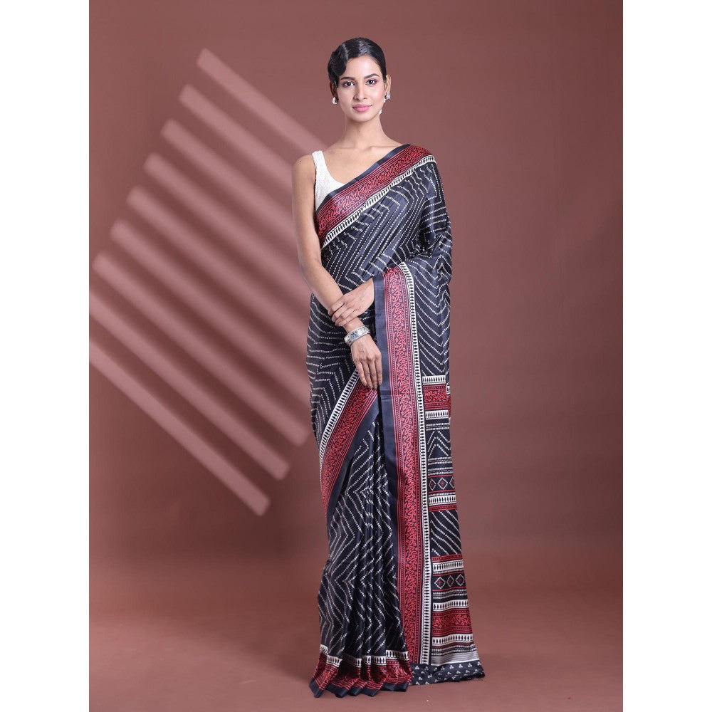 CHARUKRITI Black Bandhani Print Silk Soft Saree with Unstitched Blouse