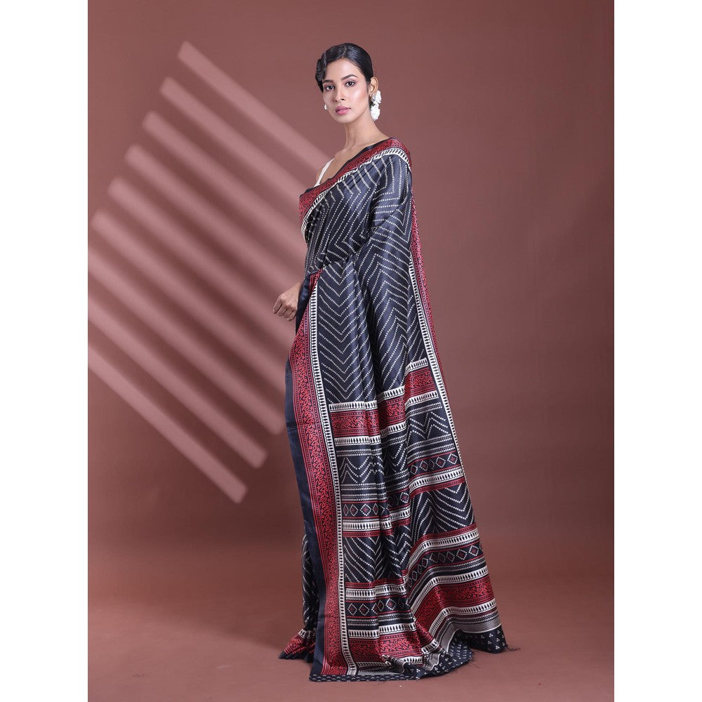 CHARUKRITI Black Bandhani Print Silk Soft Saree with Unstitched Blouse