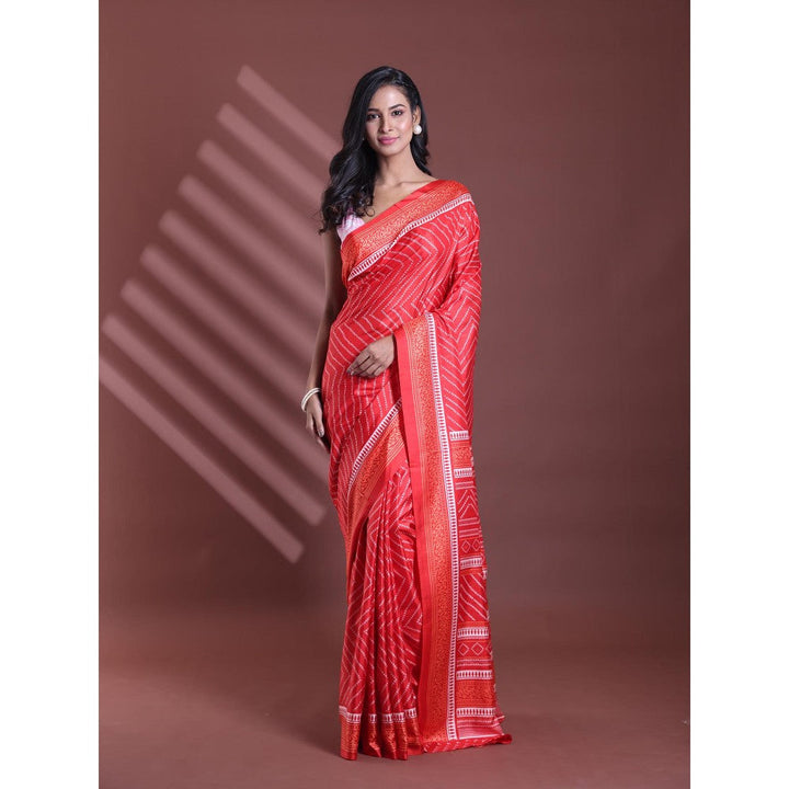 CHARUKRITI Red Bandhani Print Silk Soft Saree with Unstitched Blouse