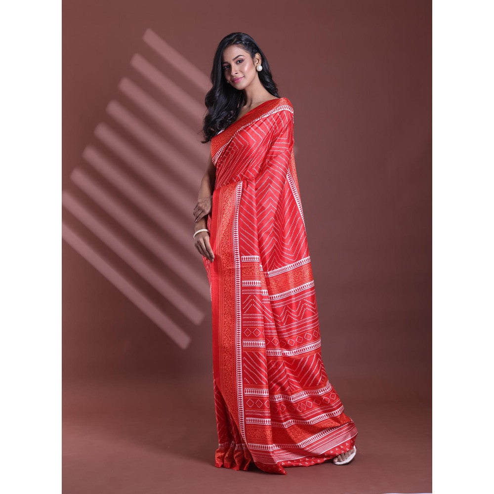 CHARUKRITI Red Bandhani Print Silk Soft Saree with Unstitched Blouse