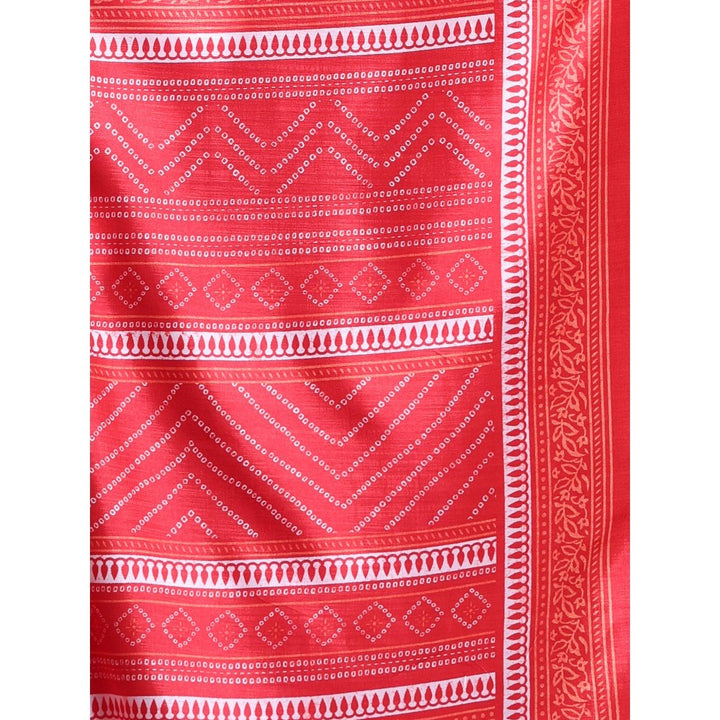 CHARUKRITI Red Bandhani Print Silk Soft Saree with Unstitched Blouse