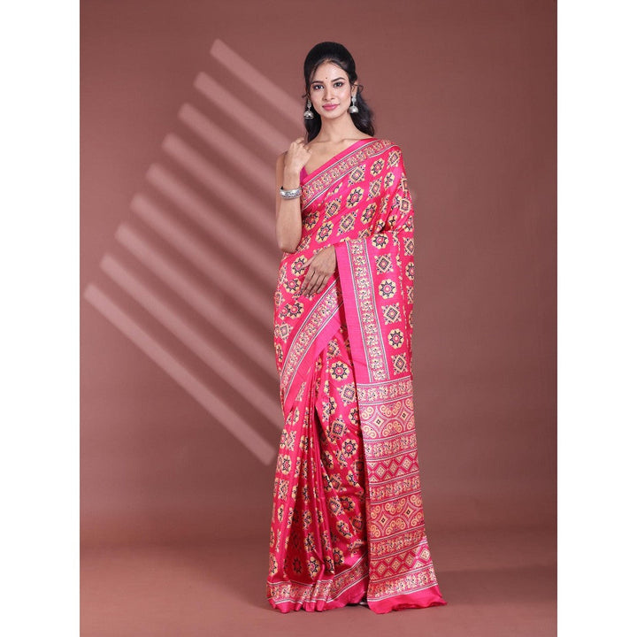 CHARUKRITI Pink Silk Soft Printed Saree with Unstitched Blouse