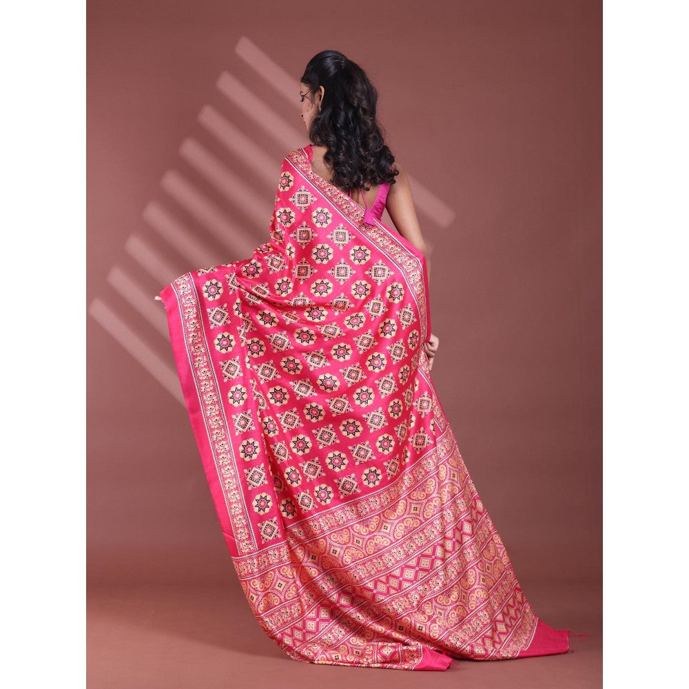 CHARUKRITI Pink Silk Soft Printed Saree with Unstitched Blouse