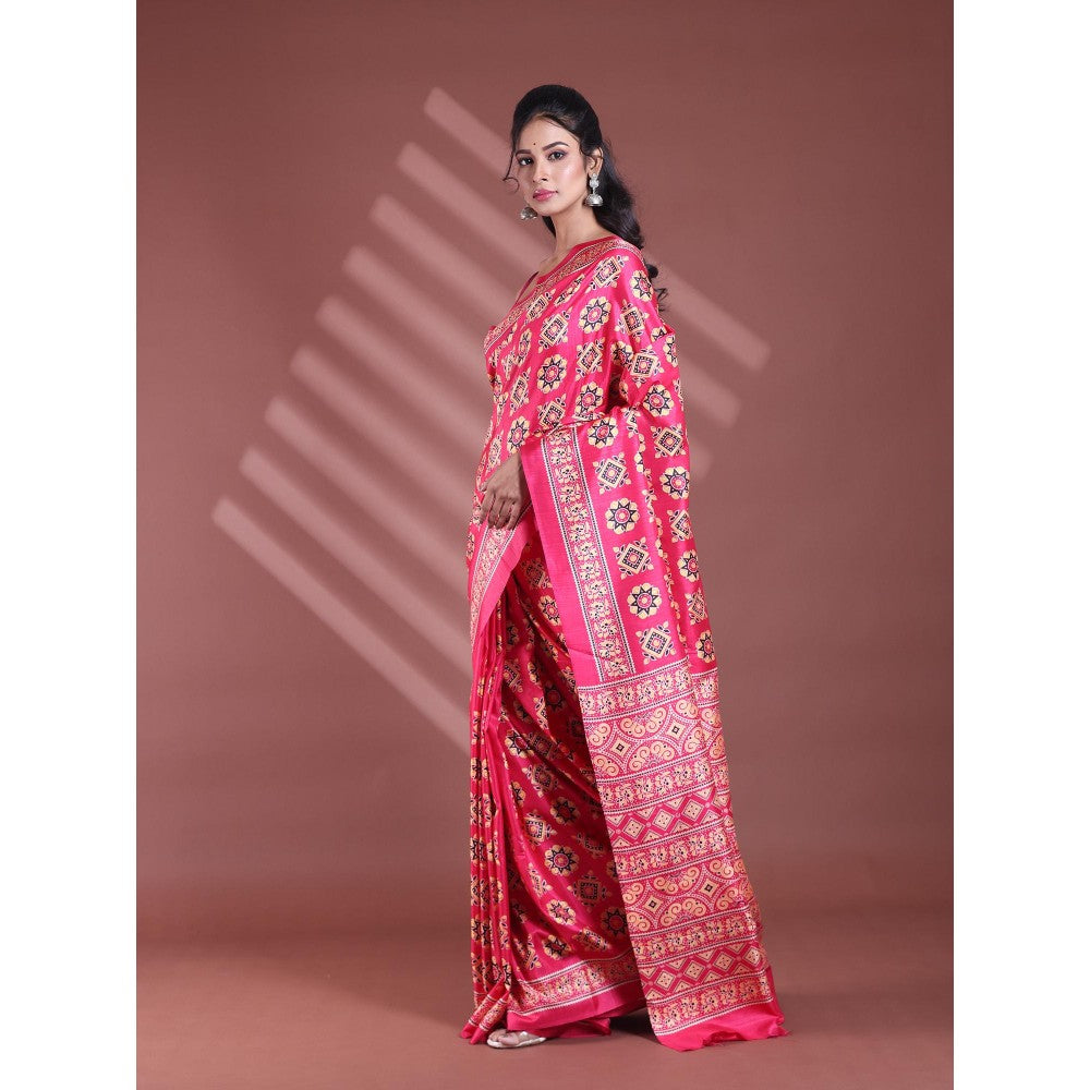 CHARUKRITI Pink Silk Soft Printed Saree with Unstitched Blouse