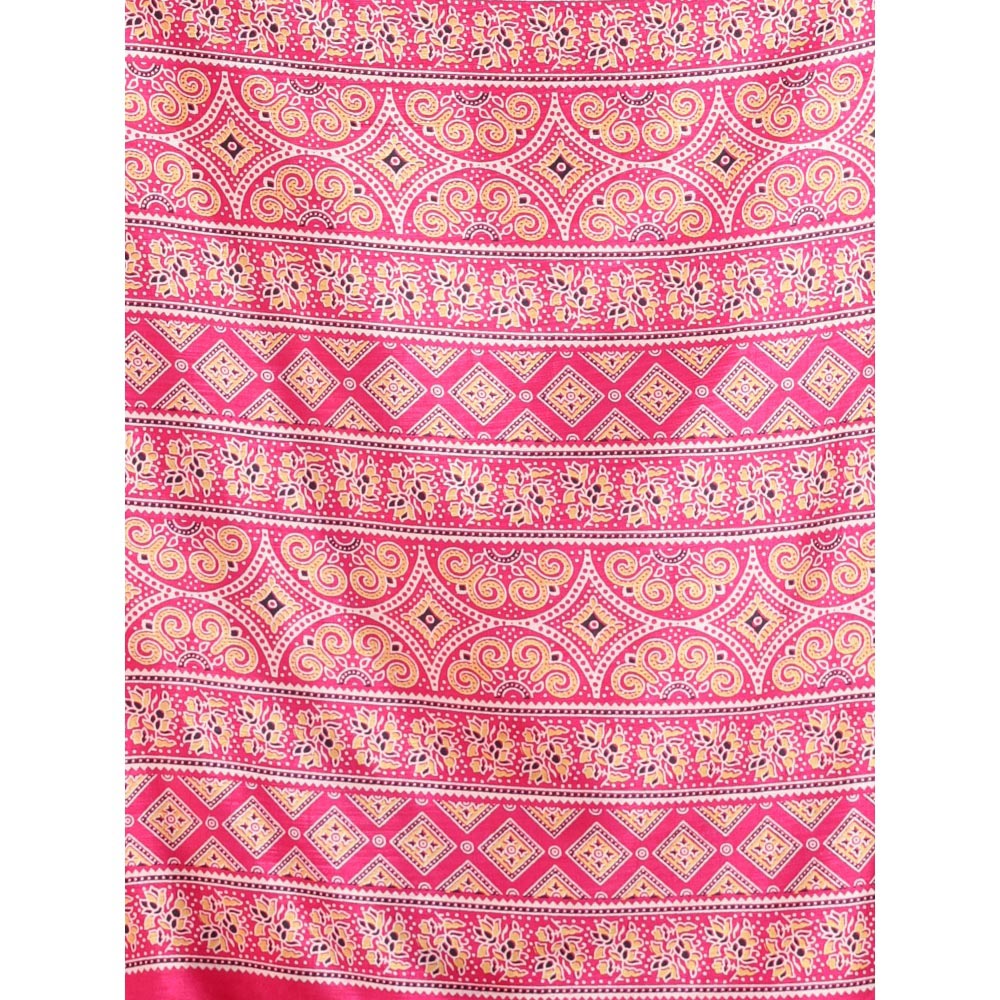 CHARUKRITI Pink Silk Soft Printed Saree with Unstitched Blouse