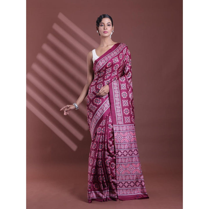 CHARUKRITI Burgundy Silk Soft Printed Saree with Unstitched Blouse